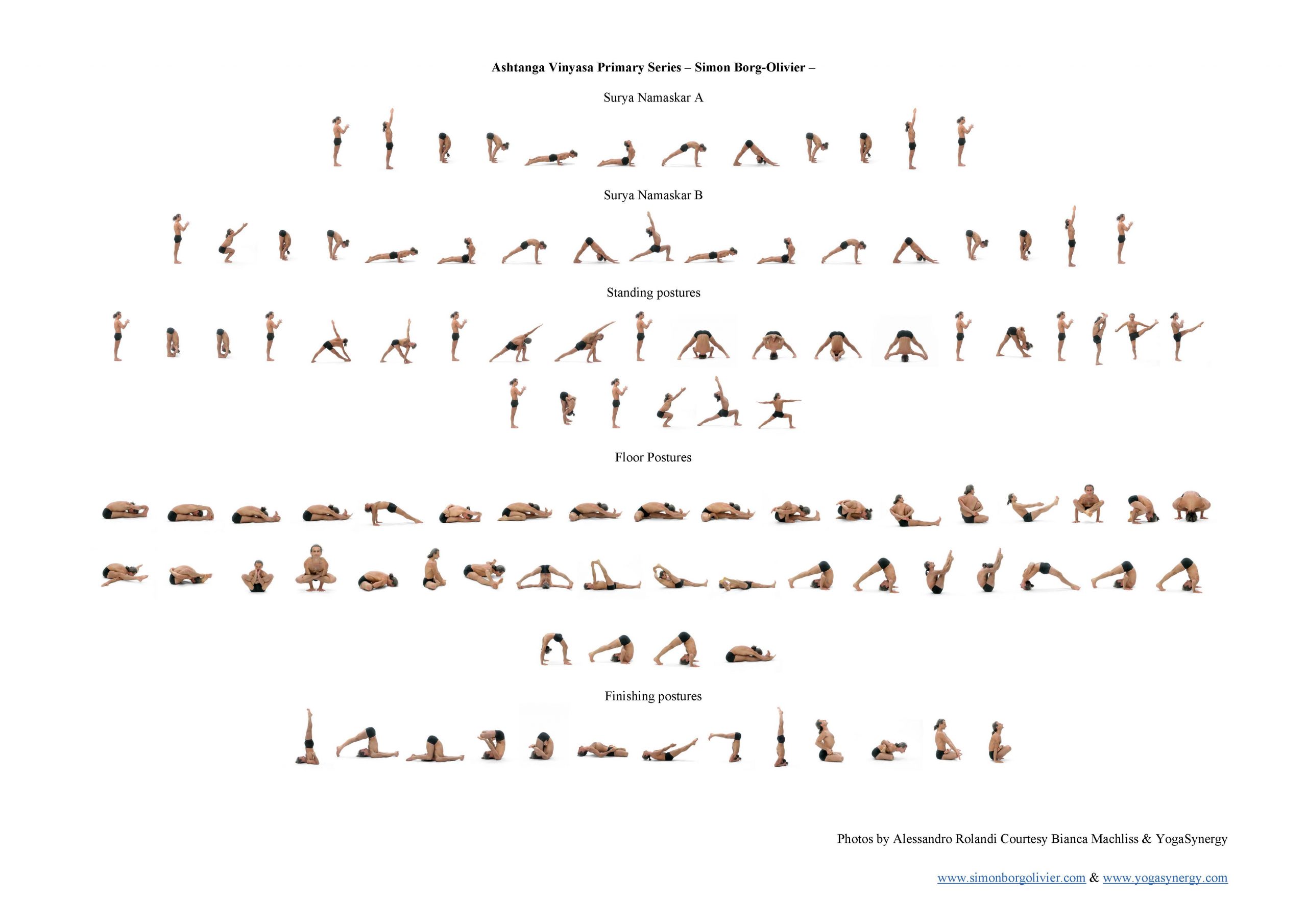 This image includes photographs and text showing and describing the Ashtanga Vinyasa Yoga primary series as demonstrated by exercise based physiotherapist and advanced yoga practitioner Simon Borg-Olivier.