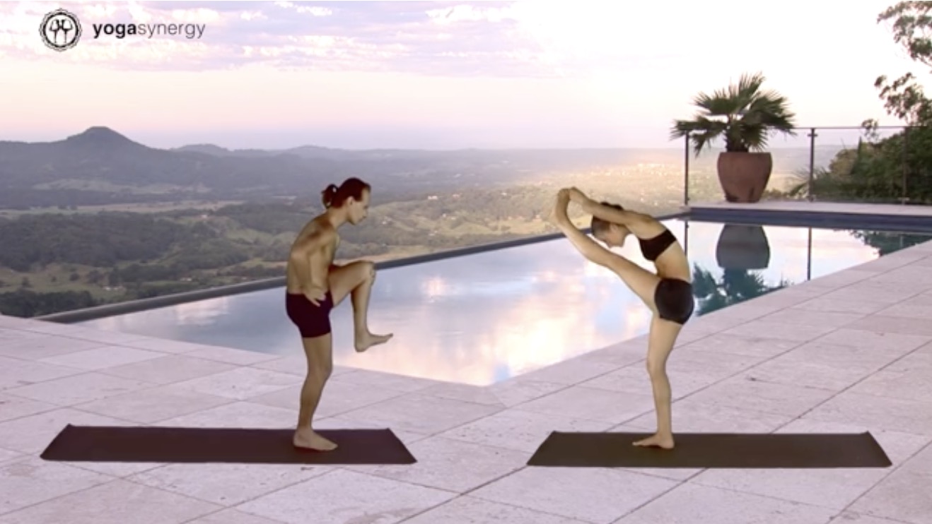Simon Borg-Olivier and Kim Wainer teachin yoga postures in the Ashtanga Vinyasa online yoga course they teach